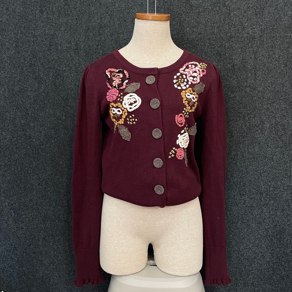 Anthropologie Knitted Dove Embroidered Cardigan Burgundy  Sweater Size M